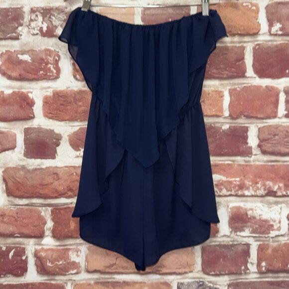 Bcbgeneration Shorts Romper Womens S Blue Sheer Flowy Ruffle Beachy Off Shoulder - Picture 6 of 8